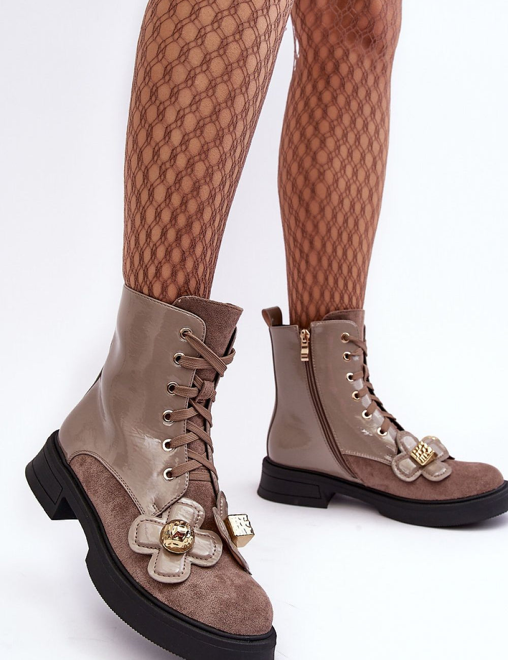 Florynne Floral-Laced Winter Boots with blossoms, eco leather, side zipper, platform heel, and warm lining, worn with patterned tights.