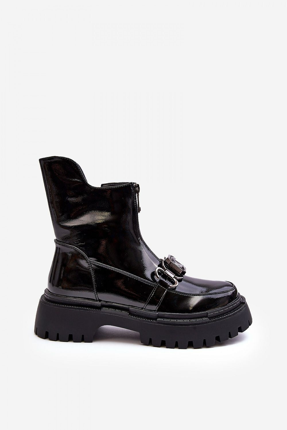 Black patent leather ankle boot with chunky sole and buckle detail, side zipper closure, and sleek modern design.