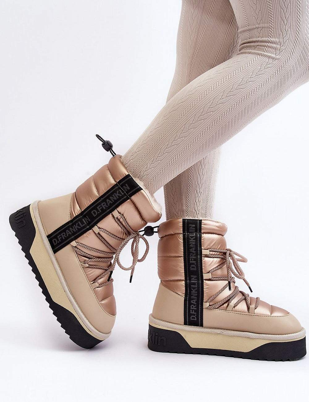 Woman wearing Glacira vegan fur-lined snow boots with non-slip sole and synthetic fur lining, perfect for winter weather and urban chic style.