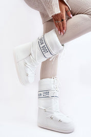 Stylish white Astrella High Platform Snow Boots with eco leather accents, bold lettering, and dual lacing, perfect for winter warmth and grip.