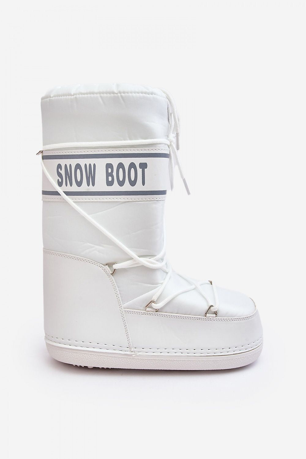 Astrella High Platform Snow Boot in white with eco leather detailing, bold lettering, and dual lacing, designed for warmth and style.