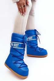 Astrella High Platform Snow Boots in vibrant blue with white lettering, featuring dual lacing and thick soles for warmth and grip.