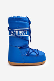 Blue high platform snow boot with bold lettering and dual lacing, offering warmth and durability with eco leather and windproof fabric.