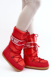 Red Astrella High Platform Snow Boots with eco leather and bold lettering, featuring dual lacing and cozy fleece-lined inner for warmth.