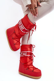 Red Astrella High Platform Snow Boots with dual lacing and eco leather details, featuring cozy fleece lining and bold lettering design.