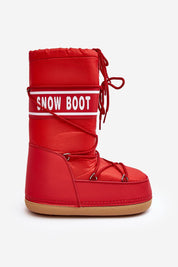 Red Astrella high platform snow boot with bold lettering, eco leather details, and dual lacing for winter warmth and grip.