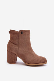 Mirellan Veilrise ankle boots in brown eco suede with rounded toe and stiletto heel, featuring a side zipper and warm inner lining.