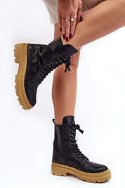 Black ankle boots with thick yellow platform, side zipper, and front lacing, perfect for autumn transitions made of eco leather.