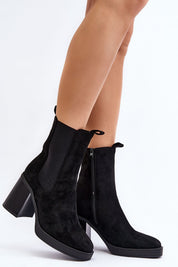 Black Ardelia Suede Platform Heel Boots with side zipper and block heel, showcasing eco-friendly design and versatile styling for any occasion.