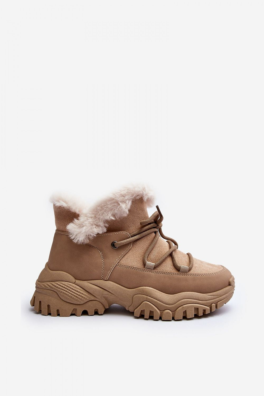 Velora faux fur-lined winter sneakers in tan eco leather with sporty lacing and platform heel, offering warmth and style.