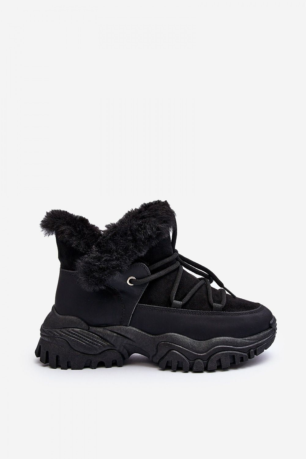 Black Velora Faux Fur-Lined Winter Sneakers with eco leather and sporty trapper design.