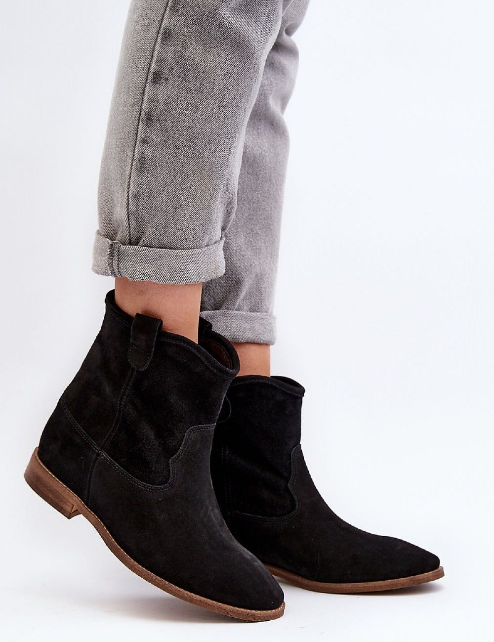 Meredia Suede Slip-On Flat Boots in black, featuring concealed wedge, classic style, and smooth suede texture. Perfect for casual outfits.