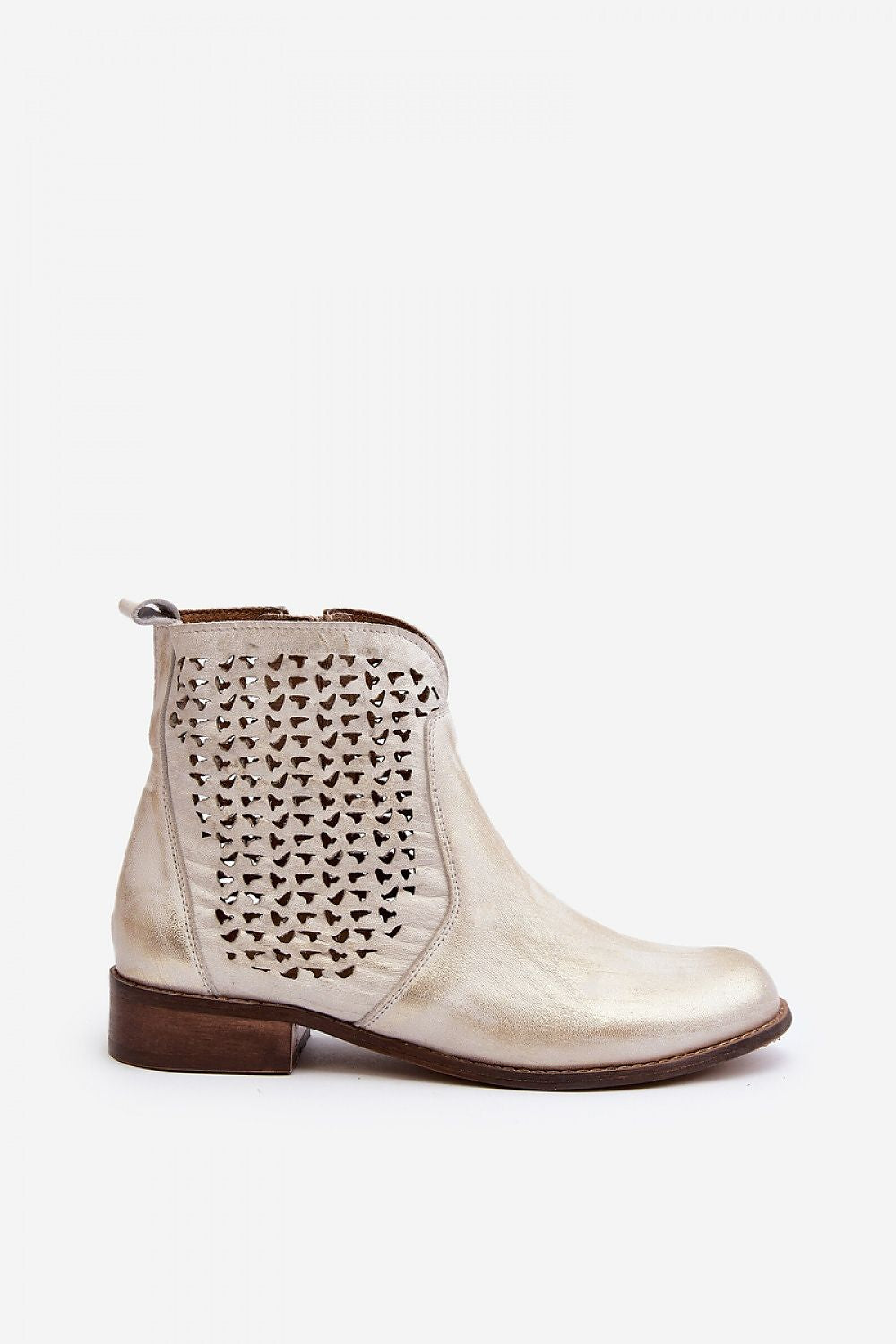 Velenna openwork leather zip boots with side zipper, breathable design, and low-profile heel, ideal for transitional weather.