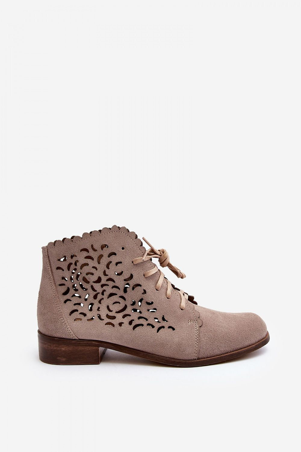 Side view of Caressa suede lace-up flat boots with intricate cut-out design, low shaft, and flat sole, ideal for everyday wear.