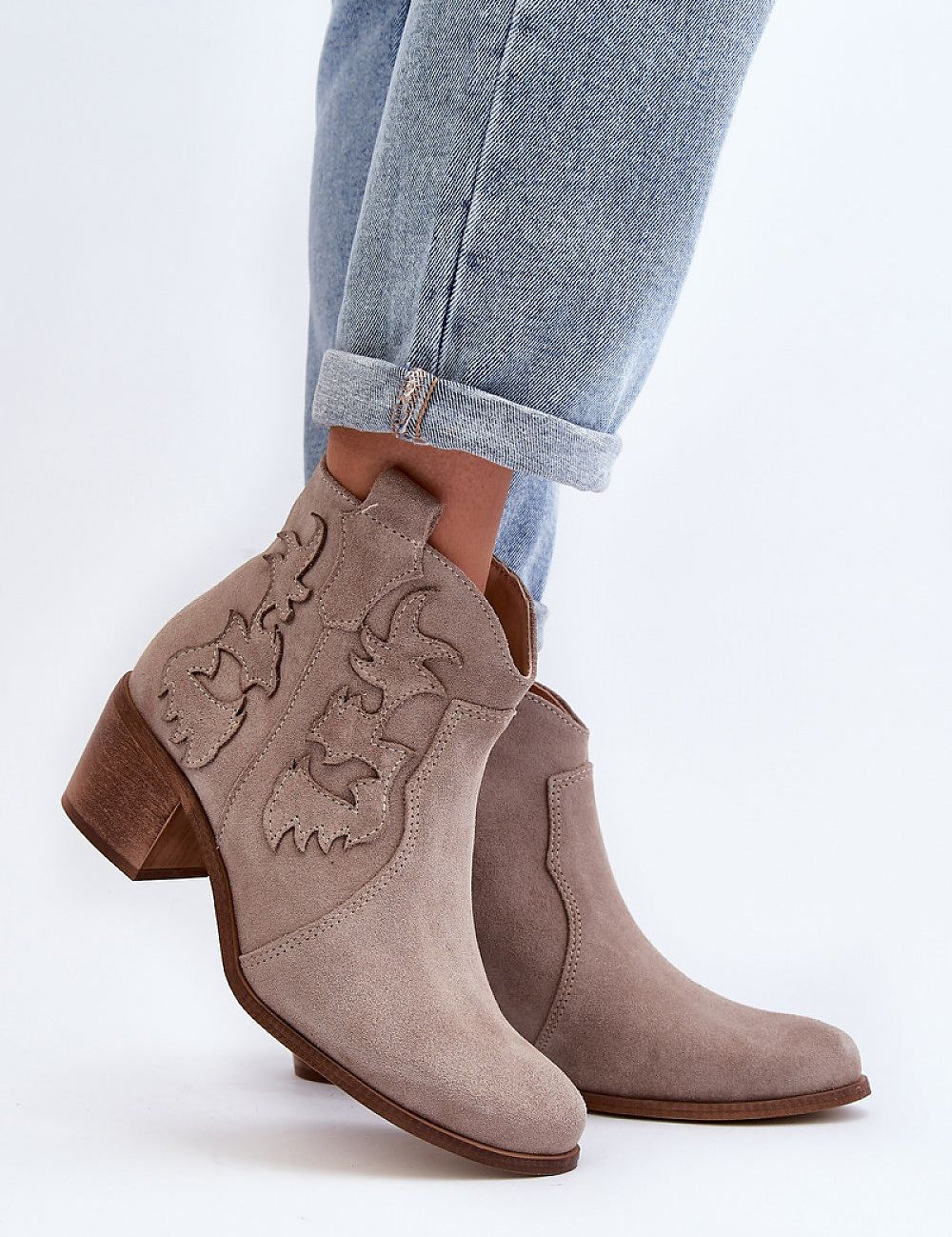 Ellvane Classic Suede Ankle Boots with stitched accents, rounded toe, low block heel, side zipper, paired with light denim jeans
