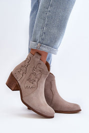 Ellvane Classic Suede Ankle Boots with stitched accents, rounded toe, low block heel, side zipper, paired with light denim jeans