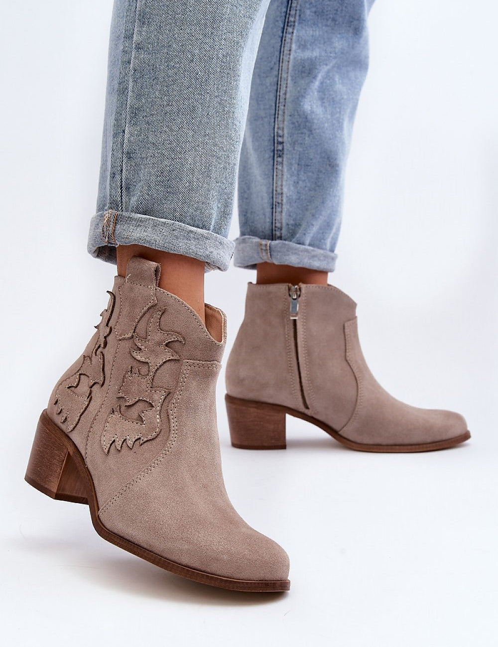 Ellvane Classic Suede Ankle Boots with stitched accents, round toe, low block heel, and side zipper for comfort and style.
