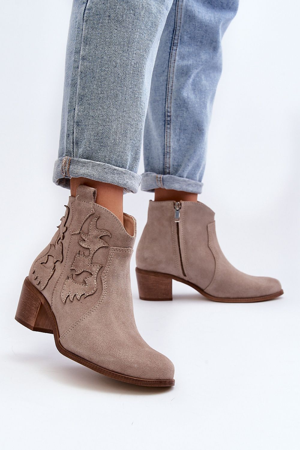 Ellvane Classic Suede Ankle Boots with stitched accents, round toe, low block heel, and side zipper for comfort and style.