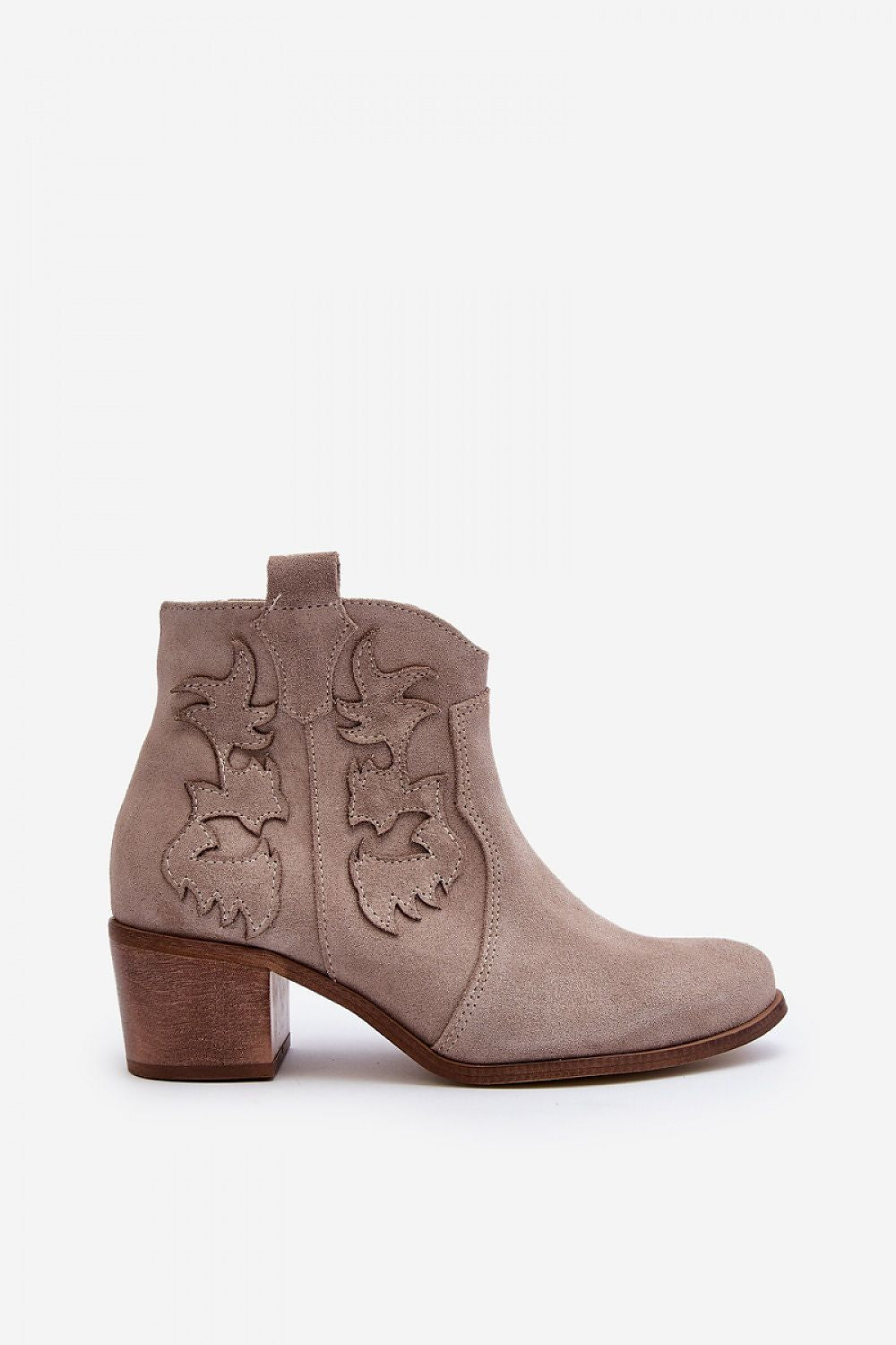 Ellvane Classic Suede Ankle Boots with decorative stitching, round toe, and low block heel, perfect for versatile spring outfits.