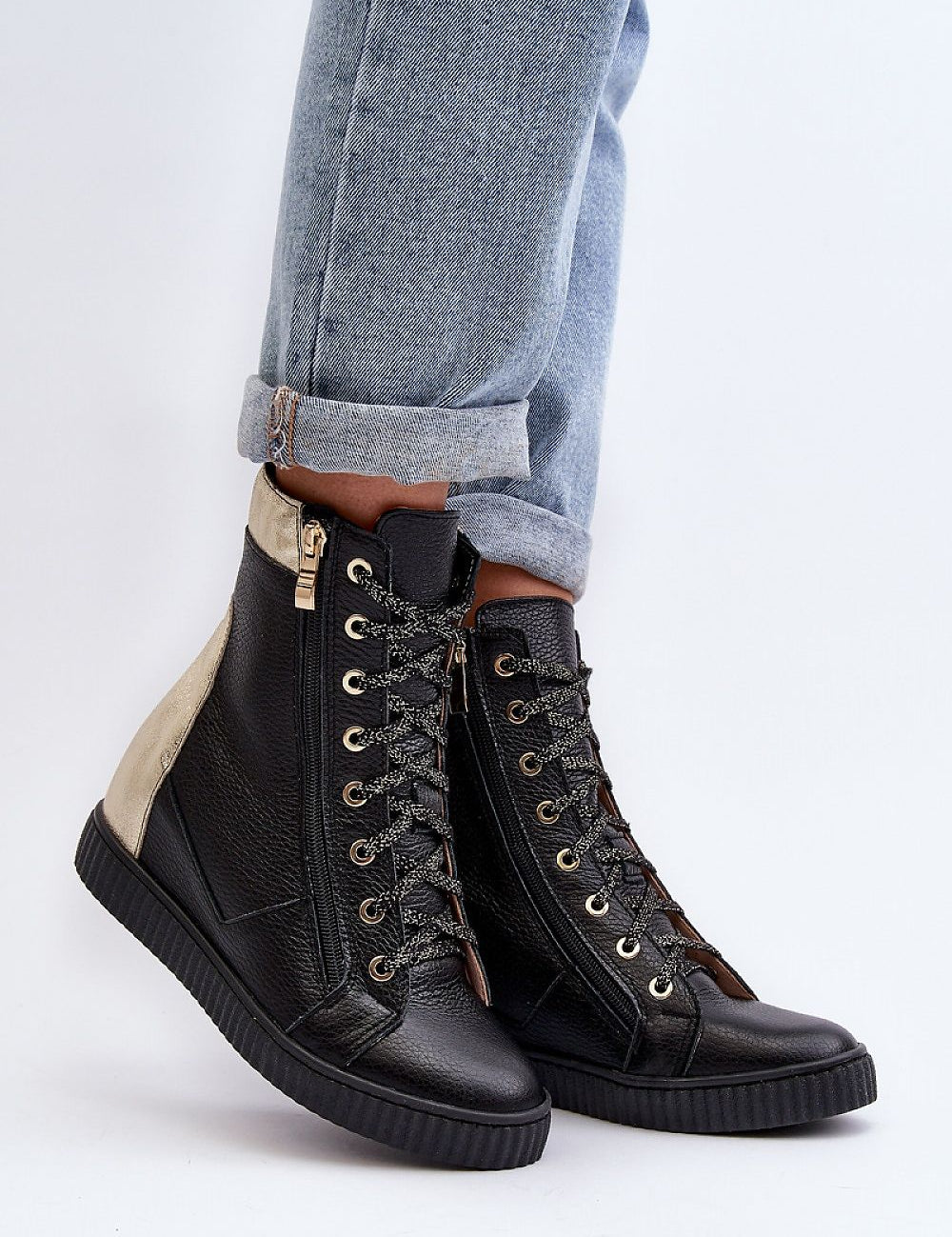 Revina Hidden Wedge Leather Sneakers with zippers and laces in black, featuring a modern, ankle-high design and rounded toe for spring fashion.