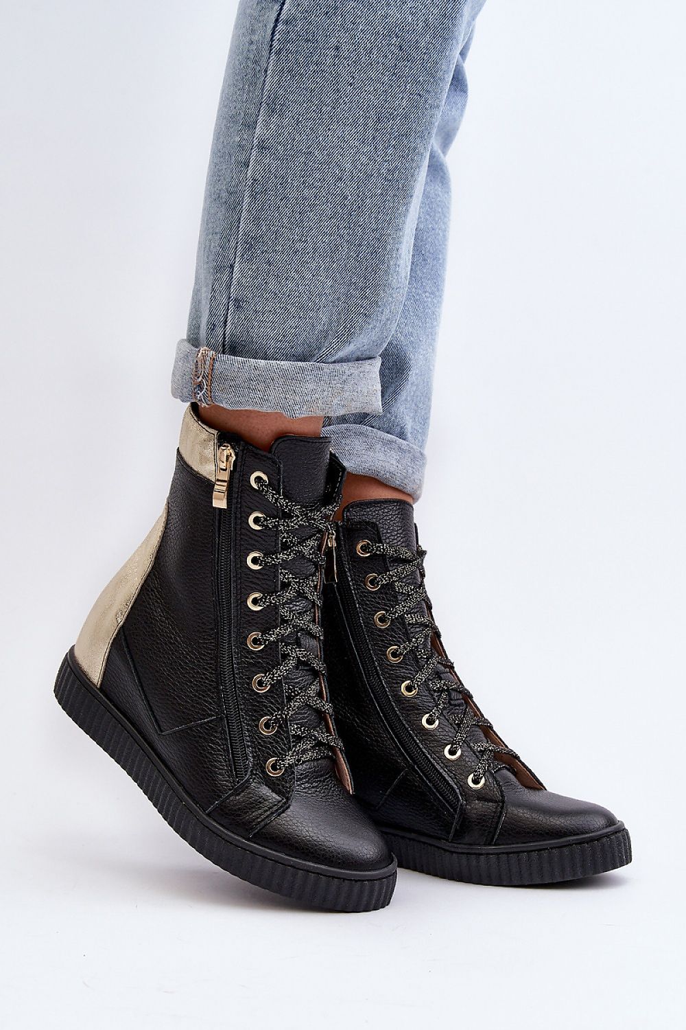 Revina Hidden Wedge Leather Sneakers with zippers and laces in black, featuring a modern, ankle-high design and rounded toe for spring fashion.