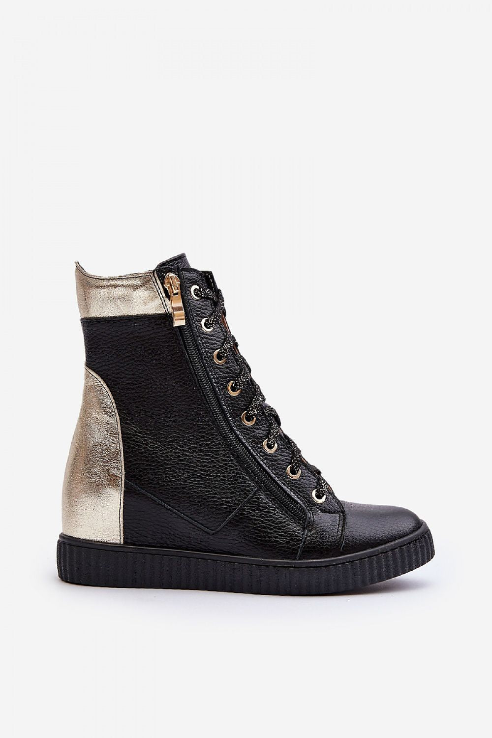 Revina Hidden Wedge Leather Sneakers with zippers and laces, featuring black and gold design, rounded toe, and ankle-high cut.