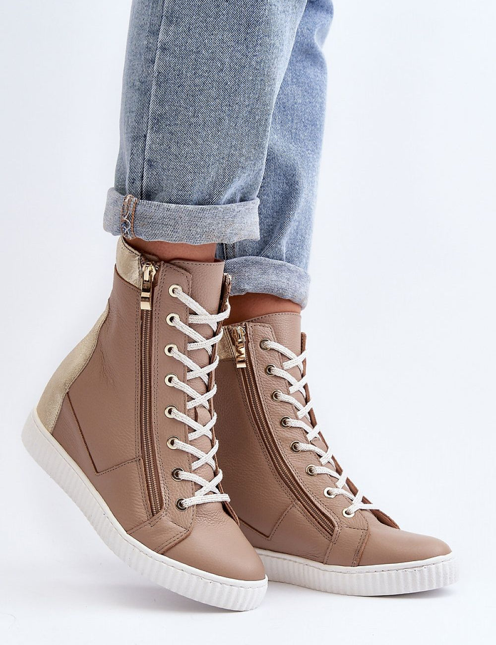 Revina Hidden Wedge Leather Sneakers with zippers and laces for a secure fit, featuring a stylish ankle-high design and modern silhouette.