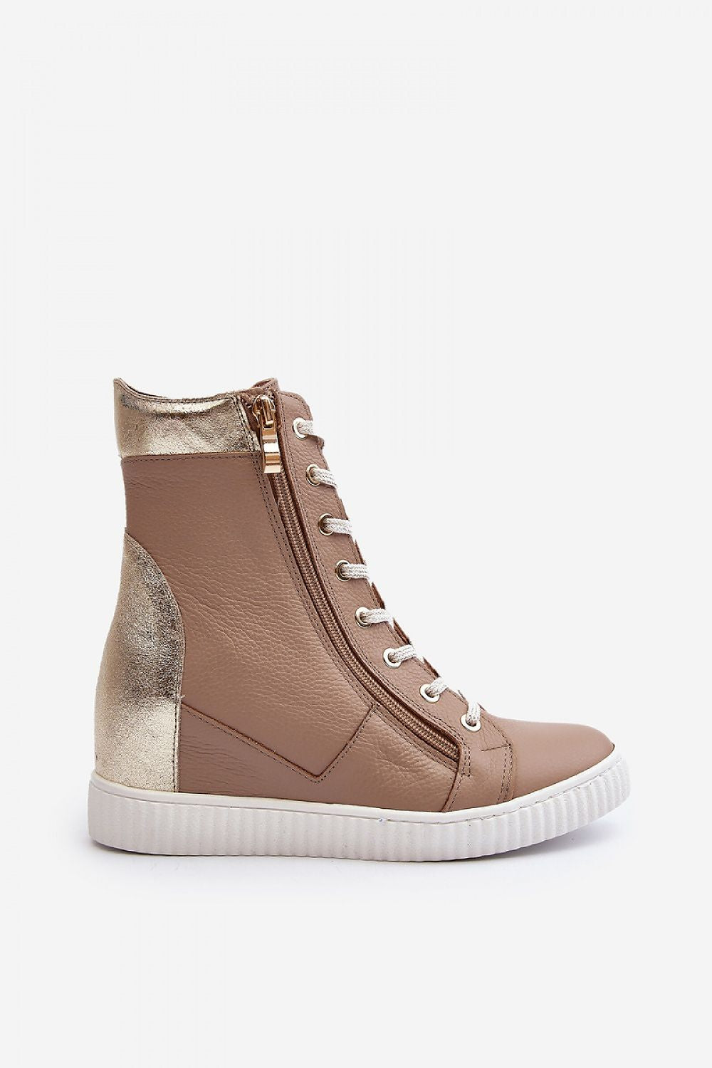 Revina hidden wedge leather sneaker with zipper and laces, ankle-high cut, rounded toe, and gold accents on heel and sole.
