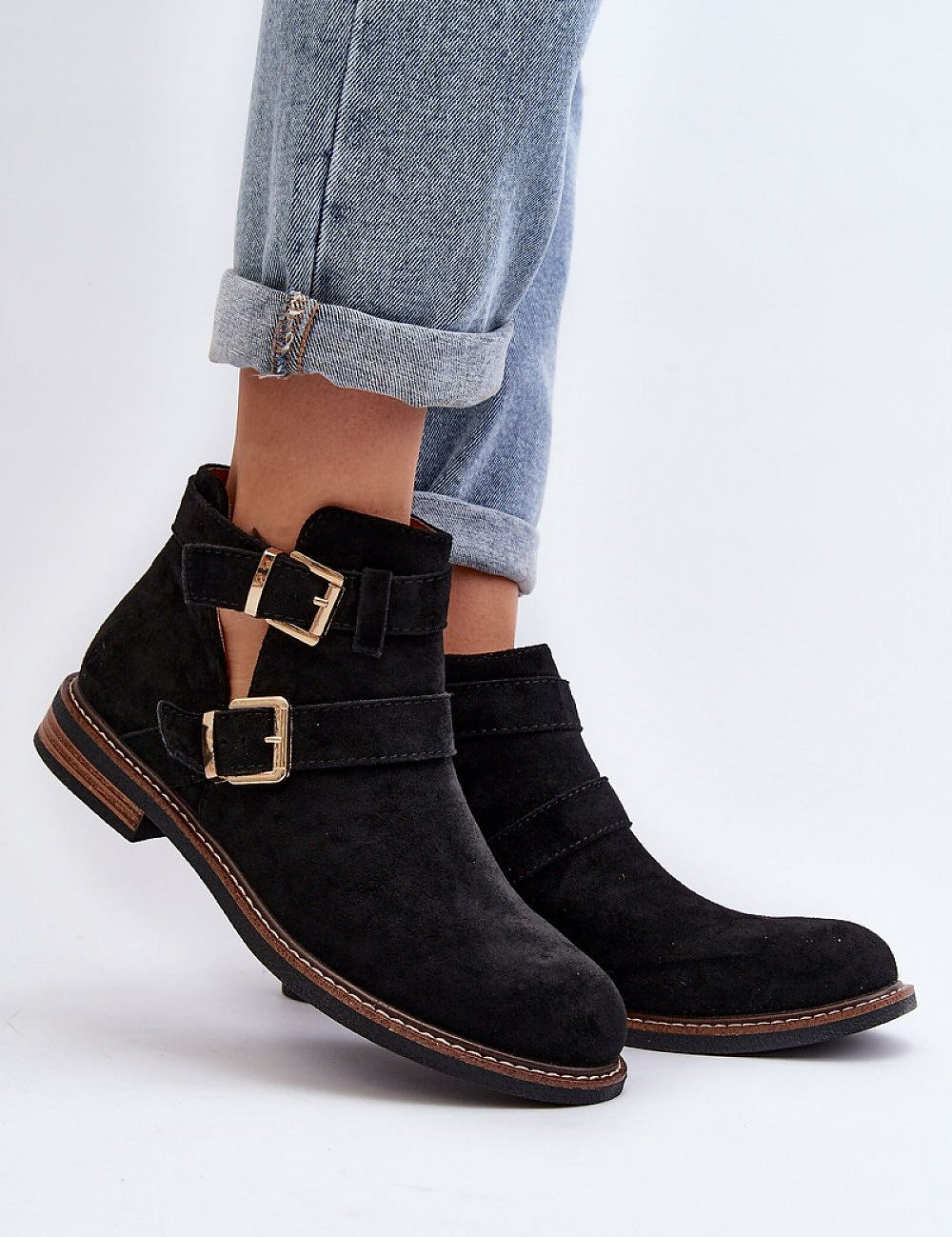 Black Velonna Suede Buckled Spring Boots with ankle straps and flat heel, perfect for stylish, eco-friendly spring fashion.