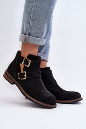 Black Velonna Suede Buckled Spring Boots with ankle straps and flat heel, perfect for stylish, eco-friendly spring fashion.