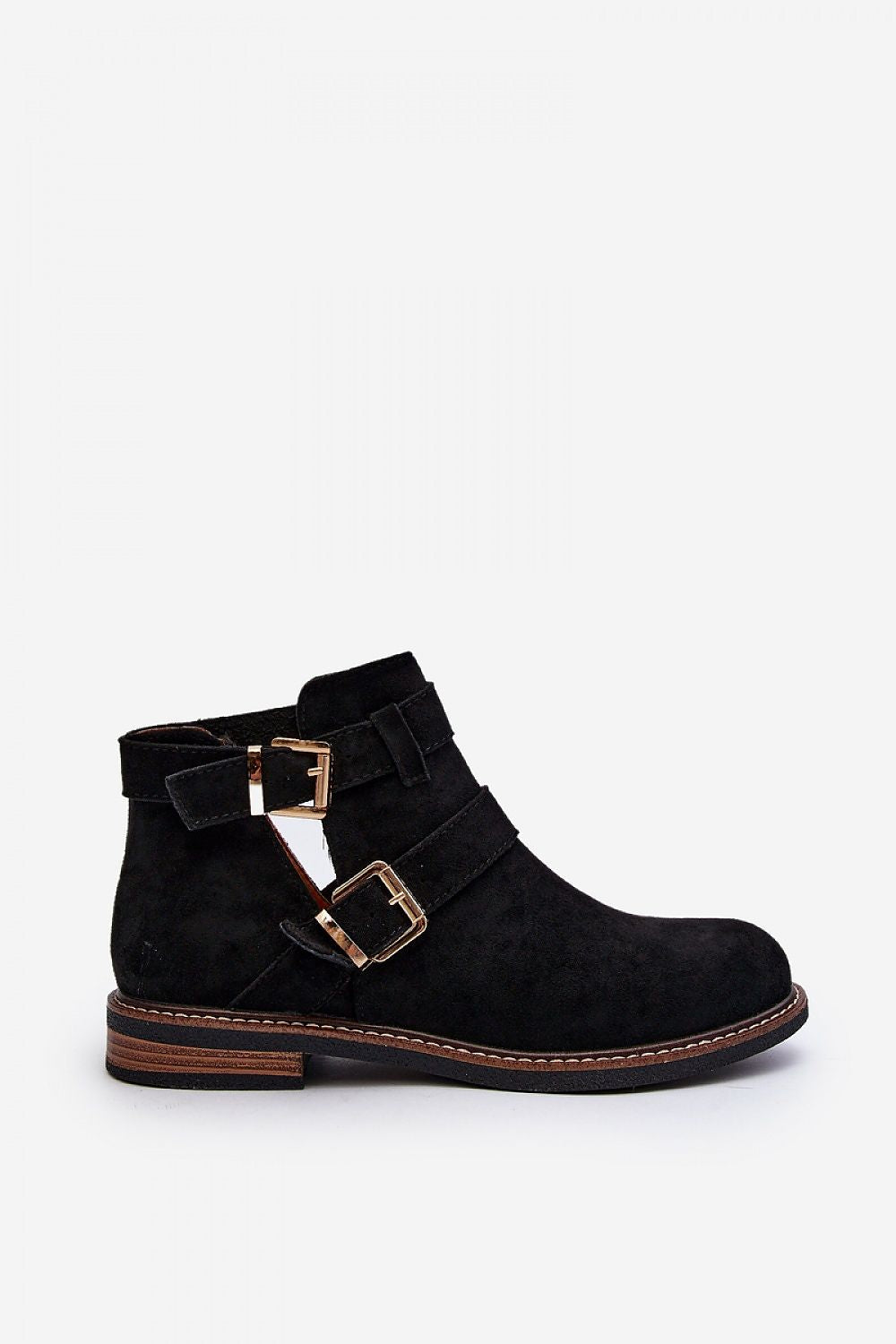 Velonna black suede spring boots with decorative buckle straps and flat heel.