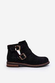 Velonna black suede spring boots with decorative buckle straps and flat heel.