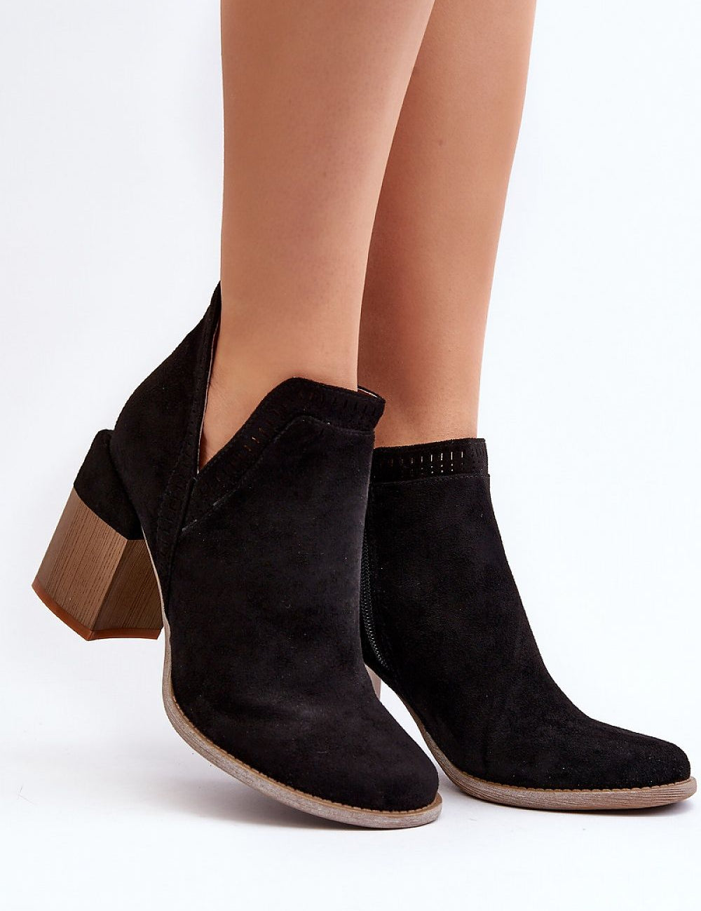 Callina Spring Suede Ankle Boots with openwork motif, side cutout, and wide block heel, perfect for seasonal outfits.