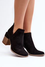 Callina Spring Suede Ankle Boots with openwork motif, side cutout, and wide block heel, perfect for seasonal outfits.