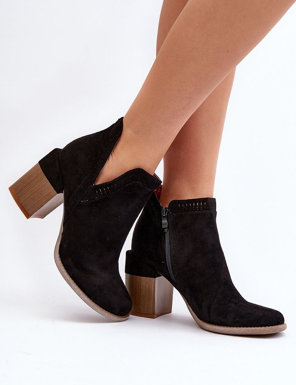 Callina Spring Suede Ankle Boots with openwork design, side cutout, and block heel, paired with eco-leather insole for comfort.