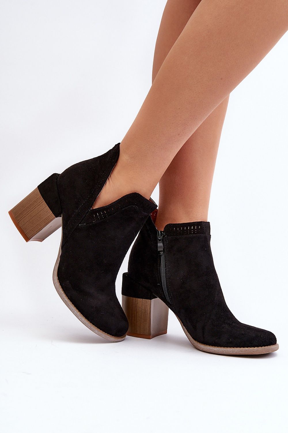 Callina Spring Suede Ankle Boots with openwork design, side cutout, and block heel, paired with eco-leather insole for comfort.