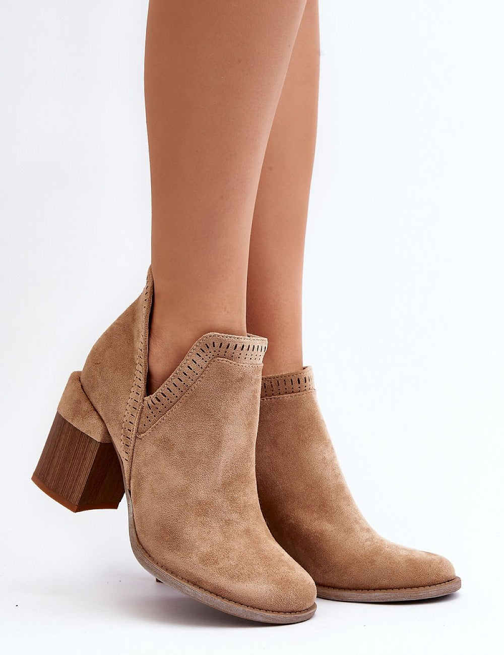 Callina Spring Suede Ankle Boots with openwork motif, side cutout, and block heel for comfortable, stylish spring fashion.