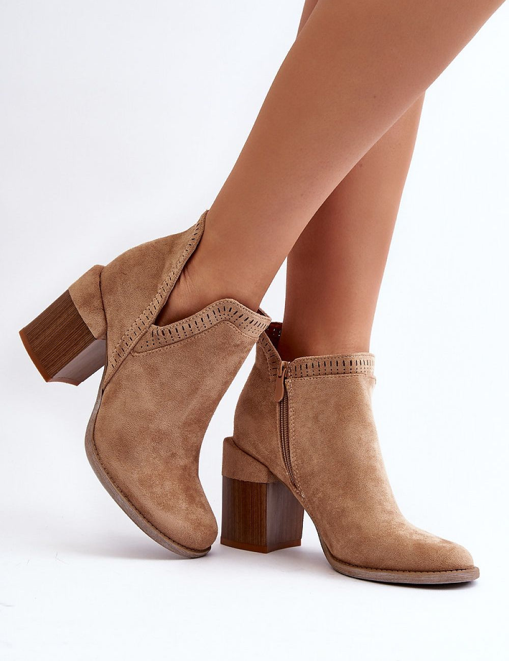 Callina Spring Suede Ankle Boots with block heel, openwork motif, and eco-leather insole for spring fashion.