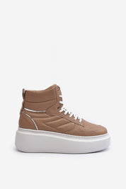 Valonne leather platform trainers with 7 cm heel, brown high-top sneakers with thick white sole, lace-up design, crafted from genuine leather.