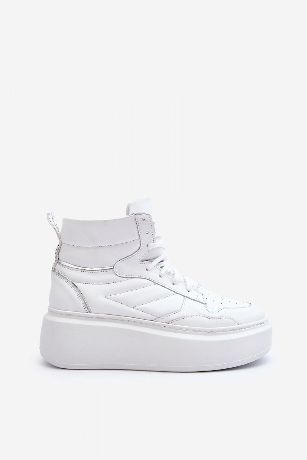 Valonne leather platform trainers with 7cm heel and thick base, side view in white genuine leather, lace-up high-top sneakers.