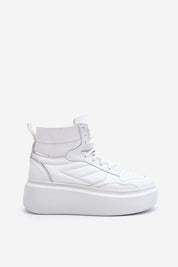 Valonne leather platform trainers with 7cm heel and thick base, side view in white genuine leather, lace-up high-top sneakers.