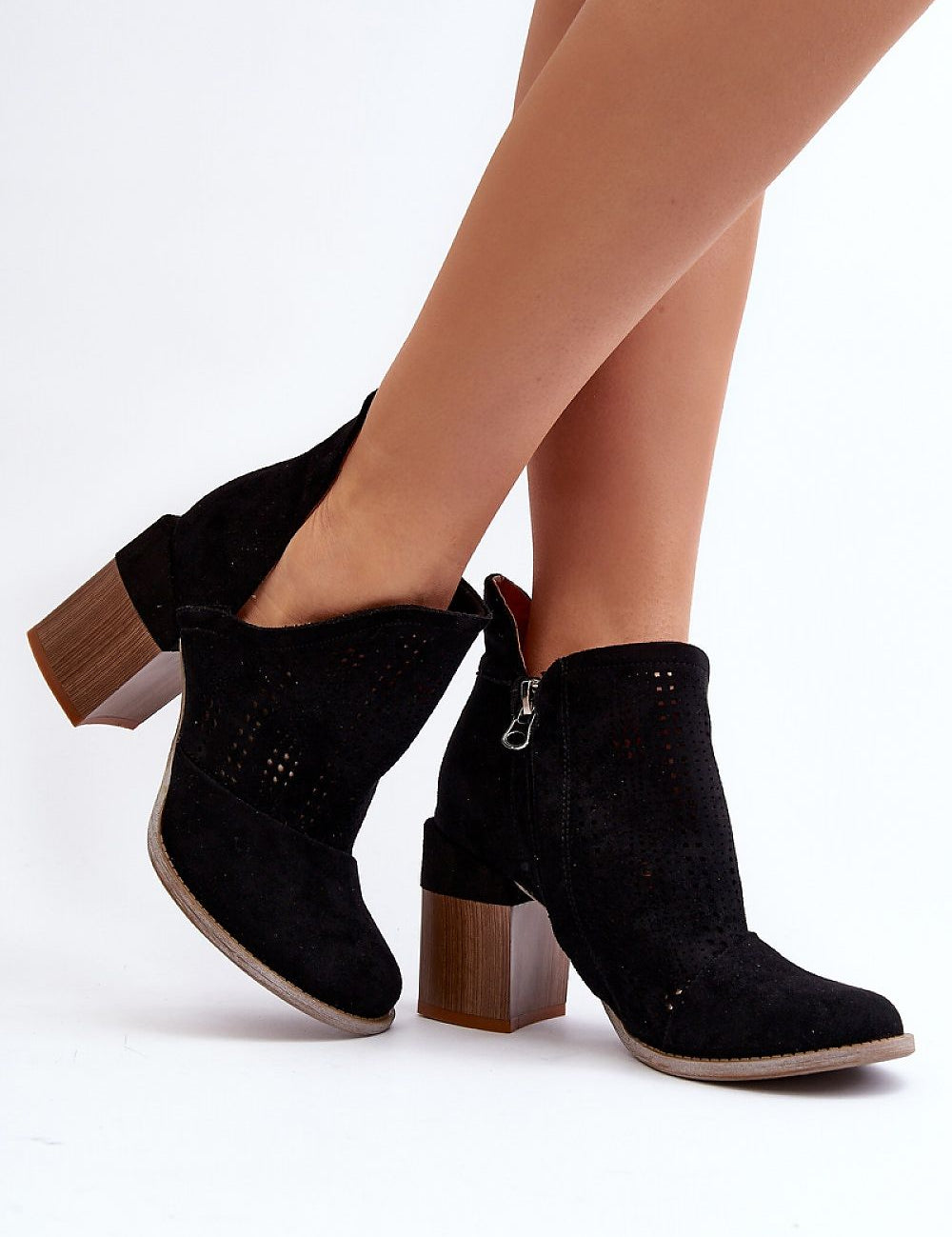 Ellavira Cutout Suede Block Heel Boots with openwork design and 9cm block heel, shown with side zipper and rounded toe.