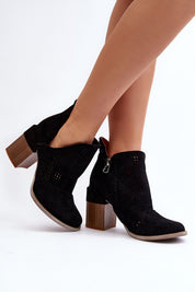 Ellavira Cutout Suede Block Heel Boots with openwork design and 9cm block heel, shown with side zipper and rounded toe.