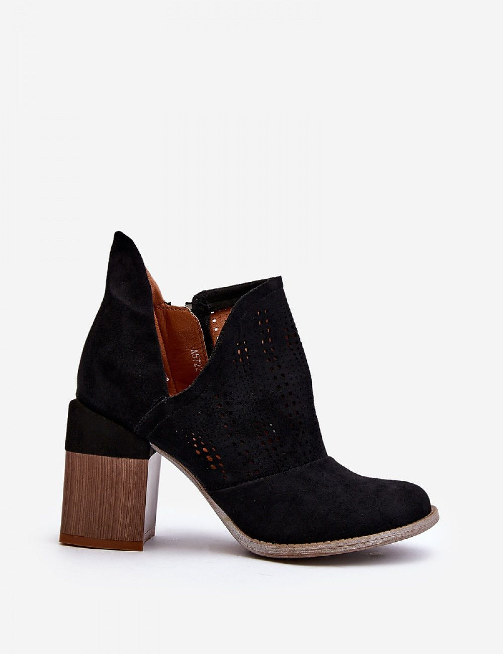 Ellavira Cutout Suede Block Heel Boots with openwork design, side cutout, and 9 cm heel. Eco-friendly and stylish.