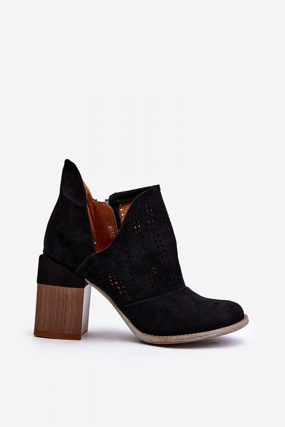 Ellavira Cutout Suede Block Heel Boots with openwork design, side cutout, and 9 cm heel. Eco-friendly and stylish.