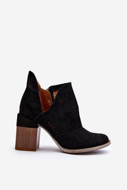 Ellavira Cutout Suede Block Heel Boots with openwork design, side cutout, and 9 cm heel. Eco-friendly and stylish.