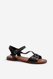 Sylvara Classic Leather Flat Sandals with adjustable buckle strap on a white background.