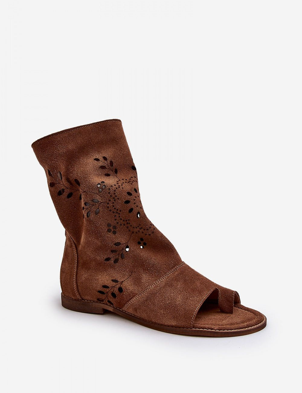 Avelynna suede openwork zip sandals with high-cut intricate design, flat heel, and soft leather insole for comfort and elegance.