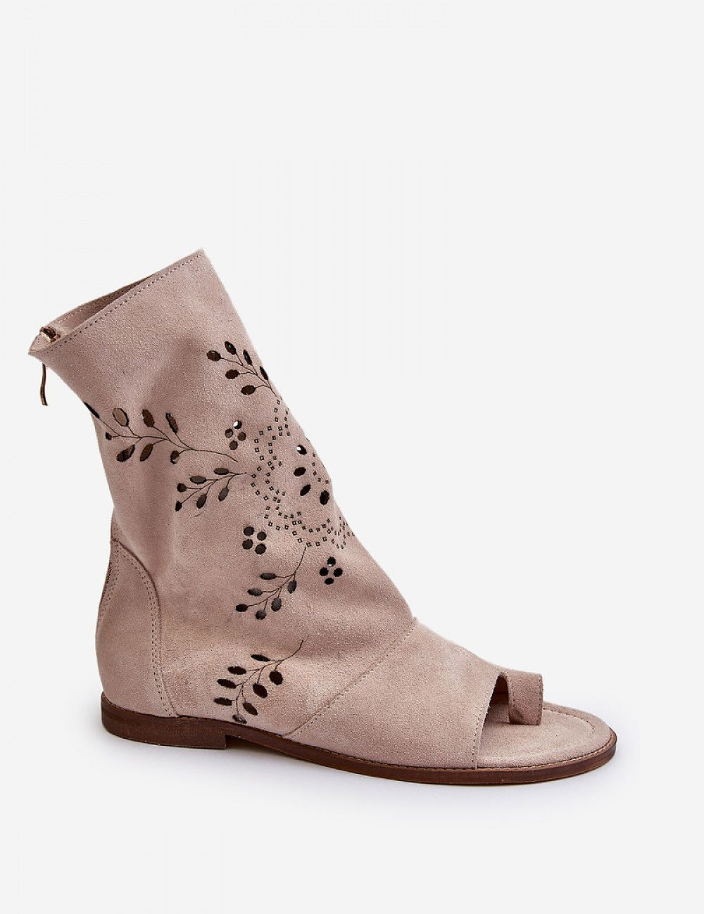 Avelynna suede openwork zip sandals with intricate detailing, natural suede material, flat heel, and soft leather insole for comfort.