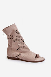 Avelynna suede openwork zip sandals with intricate detailing, natural suede material, flat heel, and soft leather insole for comfort.